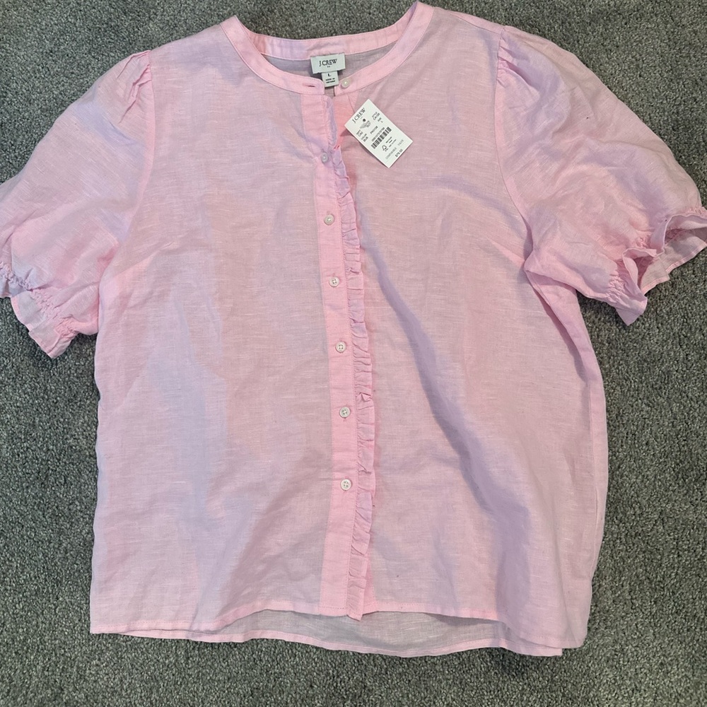 JCREW Factory Linen-blend ruffle top with puff sleeves Size L